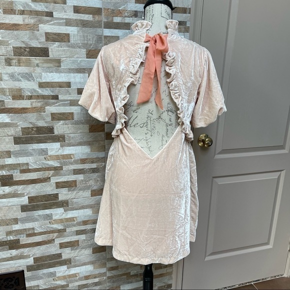 FREE PEOPLE - Gum Drop Mini Dress Velvet Pink Peach Babydoll open back Sz M - Picture 7 of 15